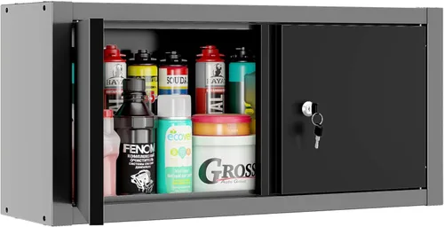 Vista 9 de JZD Armario de pared de metal con estante extraíble, armario colgante con cerradura con puerta que se abre hacia arriba, para cocina, almacén