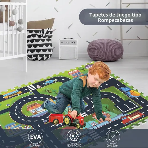 Vista 2 de Alfombrilla de espuma para bebé, piezas de espuma entrelazadas, rompecabezas de pista de carretera urbana 12 piezas