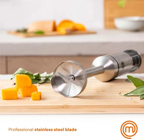 Vista 4 de MasterChef Paquete de licuadora de inmersión + tablas de cortar Emulsionante manual de acero inoxidable con accesorios + tabla de cortar de bambú