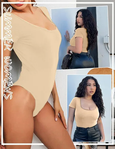 Vista 5 de ANGGREK Camisetas básicas de cuello cuadrado para mujer, monos de una pieza, manga larga, ajuste adelgazante