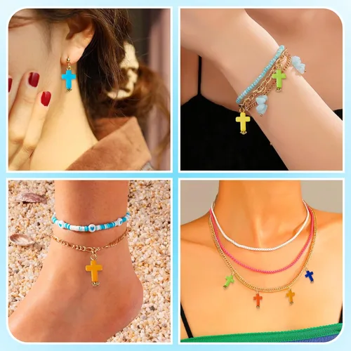 Vista 4 de Dijes de cruz para pulseras, colgantes de cruz de colores, dijes colgantes de cruz de religión para llavero de Pascua, manualidades, collares
