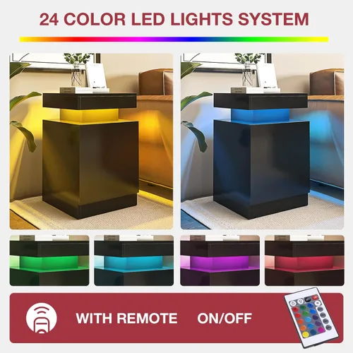 Vista 6 de oneinmil Juego de 2 mesitas de noche con luces LED, mesita de noche con armario de almacenamiento para dormitorio, mesita de noche con LED