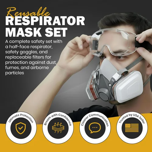 Vista 2 de Máscara respiradora para pintura en aerosol, carpintería, soldadura, polvo y seguridad general con gafas transparentes, 10 filtros de repuesto