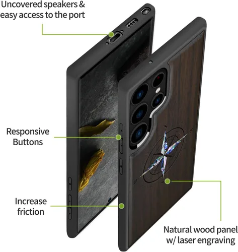 Vista 6 de Carveit Funda de madera de diseñador para Samsung Galaxy S23 Ultra (grabado en madera e incrustaciones de carcasa) compatible con cargadores