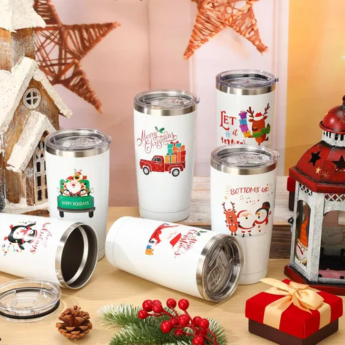 Vista 6 de 12 Piezas Vasos Navideños de Regalo 20oz Vaso de Viaje Navideño Taza Navideña de Acero Inoxidable Aislado Taza de Café con Tapa y Pajita para Regalo