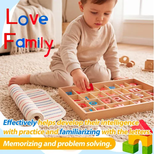 Vista 5 de Juexica Montessori Letters Movable Wood Alphabet with Box and Large Mat Small Wooden Alphabet Montessori Trays Preschool Spelling Learning Language