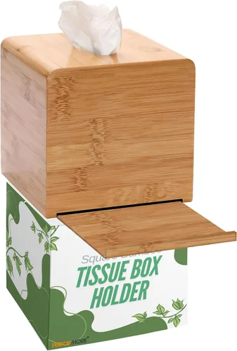 Vista 2 de Performore Funda cuadrada de bambú para caja de pañuelos, elegante soporte de papel facial de madera resistente al agua para baño, escritorio