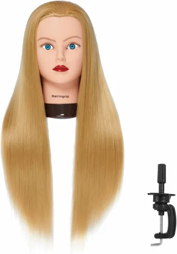 Vista 12 de Hairingrid Cabeza de maniquí de 26 a 28 pulgadas, para entrenamiento de peinado, cosmetología, cabeza de muñeca, pelo de fibra sintética y soporte