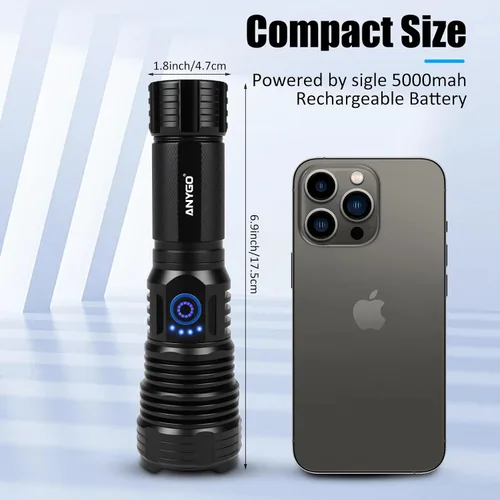 Vista 6 de Linterna recargable de 10000 lúmenes, IP67 impermeable 12H Runtime Batería recargable de 5000 mAh, 5 modos (alto/medio/bajo/estroboscópico/SOS)