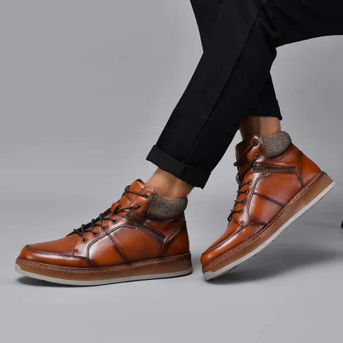 Vista 6 de Holy dove Men's Casual Oxford Sneaker Boots Mid-Top Lace-Up Fashion Ankle Chukka Boot Genuine Leather Upper Fashion Shoes for Men Comfortable and