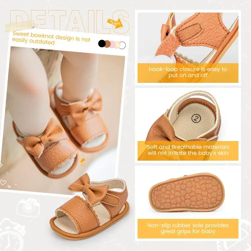 Vista 5 de Miamooi Sandalias de verano para bebés y niñas, zapatos de cuna con lazo, zapatos de piel sintética para niños pequeños, suela de goma suave