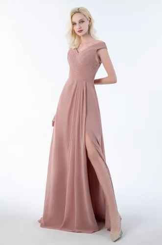 Vista 4 de Vestidos de dama de honor con hombros descubiertos para mujer, vestidos largos plisados de gasa formales