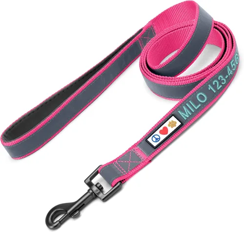 Vista 27 de Pawtitas - Correa personalizada de 6 pies para perro rosa XS/S con nombre y número de teléfono bordados, correa fuerte de nylon para razas pequeñas