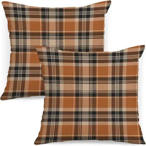 Vista 18 de AOFANGGO - Juego de 2 fundas de almohada de otoño decorativas de 16x16 pulgadas. Fundas de almohada de cuadros naranja y gris, cojines de lino