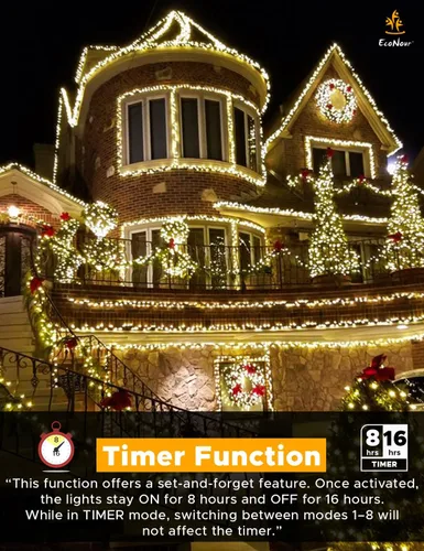 Vista 5 de EcoNour Guirnalda de 480 luces LED parpadeantes de 20 pies para árbol de Navidad, 8 modos de luces para decoración con temporizador y función