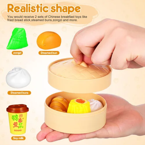 Vista 4 de Toyvian Play Food 26pcs Juego de juguete de simulación Bollos de vapor Juguete chino desayuno para niños Juego de cocina Plato de cocina Plato