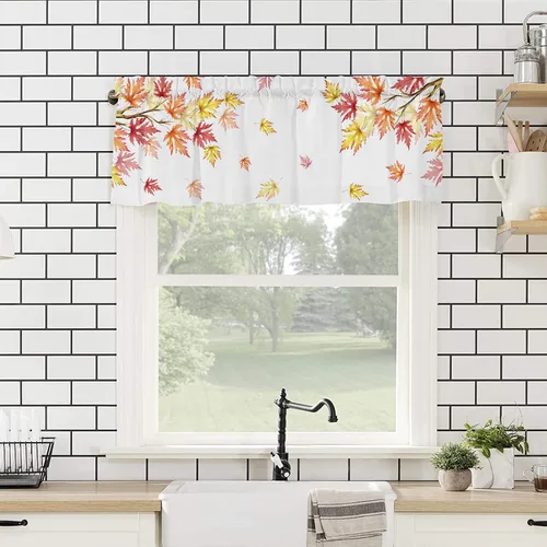 Vista 4 de Cenefa para ventanas, cenefas de cocina con bolsillo para barra, cortinas cortas de hojas de arce de Acción de Gracias para sala de estar, baño