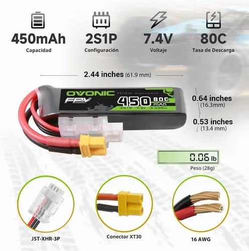 Vista 2 de OVONIC Batería Lipo de 7.4V 80C 450mAh 2S de tamaño largo con enchufe XT30 [1 paquete que incluye 4 baterías]
