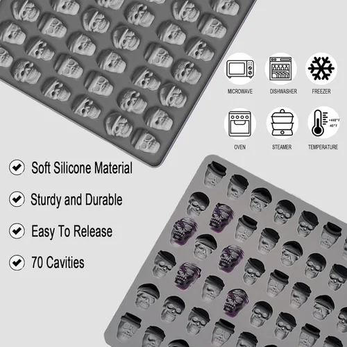 Vista 3 de Moldes de silicona de calavera para Halloween, 70 moldes de silicona de grado alimenticio para Halloween, para gomitas, galletas, dulces, dulces