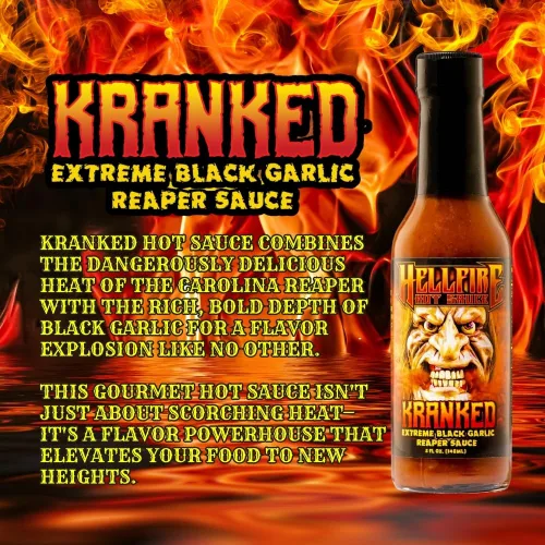 Vista 2 de Hellfire Hot Sauce Kranked - Salsa picante gourmet de ajo negro y Carolina Reaper, presentada en el programa de televisión Hot Ones, 5 onzas.