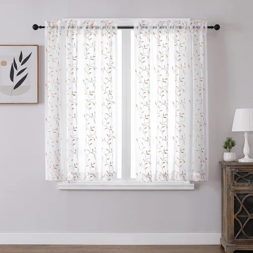 Vista 68 de VISIONTEX 2 paneles de cortinas traslúcidas de 63 in de largo, cortinas de gasa semitransparentes bordadas con hojas florales beige, bolsillo
