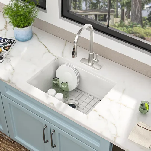 Vista 4 de Fregadero de barra blanco de 24"x18" para montaje bajo encimera - Arcilla refractaria de porcelana cerámica de alto brillo, montaje dual, un seno
