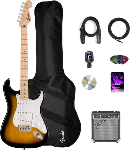 Vista 11 de Paquete Fender Squier Affinity Stratocaster Edición Limitada con amplificador Frontman 10G, estuche, cable de instrumento, correa, púas y DVD