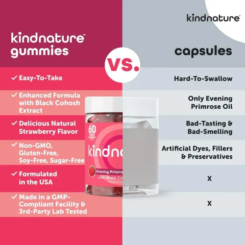 Vista 3 de kindnature Gomitas de aceite de onagra para mujer, 1000 mg + cohosh negro, PMS, perimenopausia y apoyo para la menopausia, vegano, sin azúcar, sin