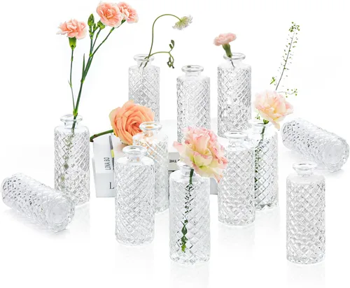 Vista 11 de ComSaf Juego de 6 jarrones de cristal, pequeños jarrones de diamante a granel, mini jarrones de flores para centros de mesa, botella vintage