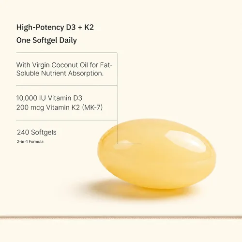 Vista 2 de Vitamina D3 10,000 UI + K2 200mcg, con aceite de coco, 240 cápsulas blandas Extra Strength Vitamin D & K Complex • High Absorption Formula • One
