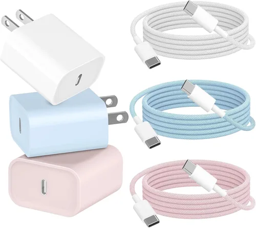 Vista 11 de Cargador para iPhone 17 y 16, carga rápida, tipo C, 20 W, USB C, bloque para iPad, con cable USB-C tejido de 6 pies, sincronización de datos de 60 W
