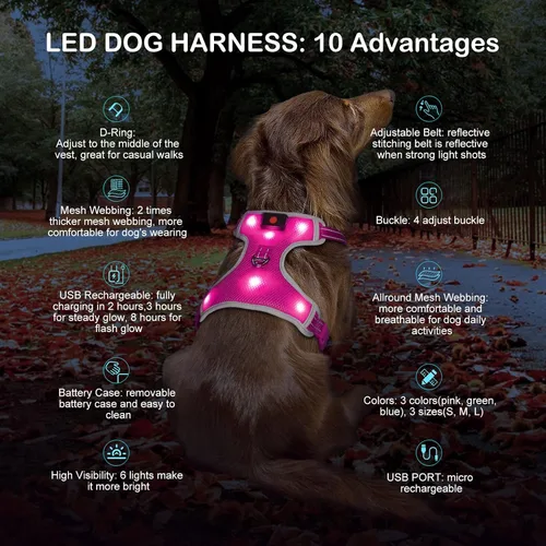 Vista 2 de Arnés para perro que brilla en la oscuridad recargable por USB (rosa, L)