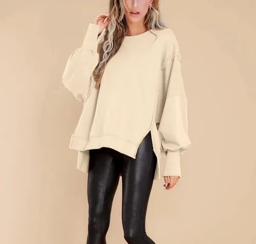 Vista 3 de BWQ Sudadera de gran tamaño para mujer, cuello redondo, manga larga, sin botones