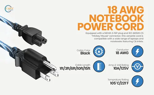 Vista 7 de 1 pie 18 AWG 3 clavijas NEMA 5-15P a IEC C5 Cloverleaf cable