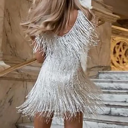 Vista 4 de XUNRYAN Vestido de lentejuelas con flecos para mujer de los años 20, sexy, con cuello en V, sin mangas, vestido de cóctel, concierto de noche