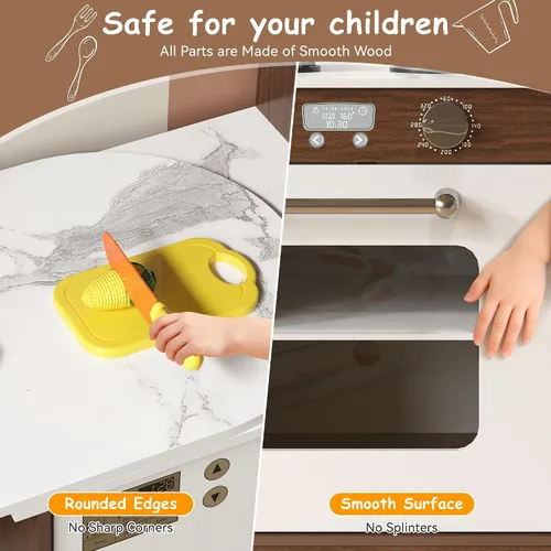 Vista 4 de Juego de cocina grande de esquina de madera, juego de cocina para niños con máquina de hielo, sonido y luz realistas, fregadero de juguetes con agua