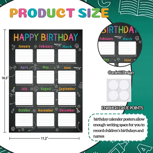 Vista 7 de JUESMOS Póster de pizarra de feliz cumpleaños para decoración de aula, calendario de cumpleaños, tabla de cumpleaños para decoración de tablón