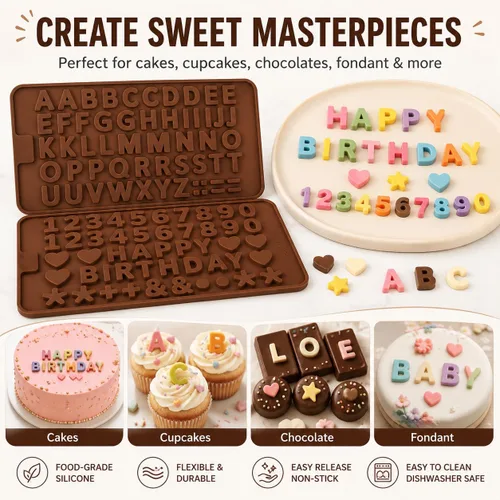 Vista 6 de Mini moldes de silicona para letras y números, paquete de 2 moldes de chocolate con letras A-Z, números del 0 a 9 y feliz cumpleaños, pequeños
