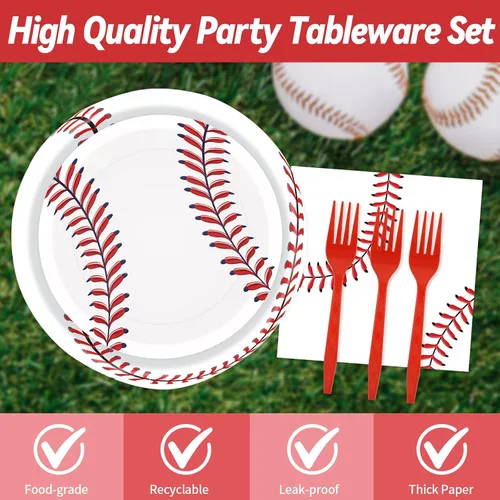 Vista 3 de 96 platos de papel de béisbol y servilletas para fiesta, platos de fiesta de béisbol, servilletas y tenedores, juego de vajilla desechable