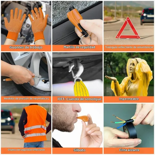 Vista 8 de Bolsa de Kit de Seguridad de Emergencia para Coche de 131 Piezas con Compresor de Aire, Cables de Puente, Medidor de Presión de Neumáticos, Kit