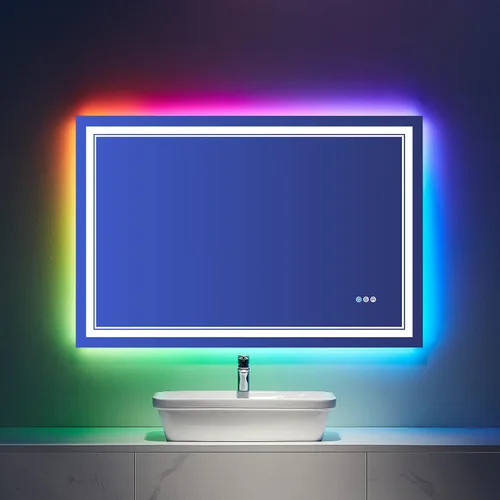 Vista 24 de Espejo de baño LED de 24 x 28 pulgadas, luz frontal y retroiluminada, antiniebla, regulable, espejo de tocador iluminado con memoria, espejo LED