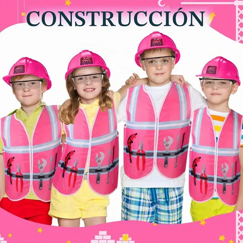 Vista 7 de Handepo Disfraz de trabajador de la construcción con sombrero duro, chaleco de construcción, gafas, conjunto de disfraz para fiesta de cumpleaños