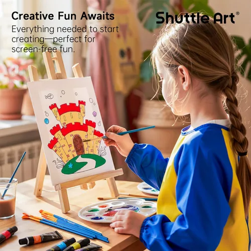 Vista 2 de Juego de 48 pinturas acrílicas para niños, Shuttle Art 30 colores de pintura acrílica con caballete de madera, lienzo, bloc de pintura, pinceles