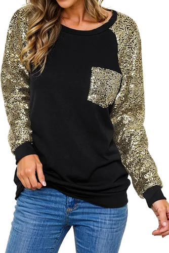 Vista 3 de Ezcosplay Blusa de lentejuelas brillantes para mujer, manga raglán larga, con purpurina, para fiesta, club, para fiesta
