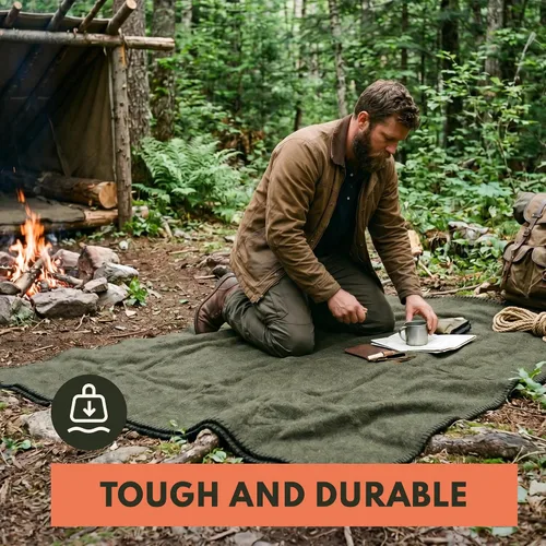 Vista 7 de Woolly Mammoth Woolen Company Manta de Lana - 66 x 90 pulgadas, Corteza, 80% Lana Merino - Mantas de Campamento para Clima Frío - Durabilidad