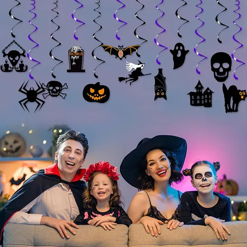 Vista 4 de Decoración para fiesta de Halloween, murciélagos, brujas, serpentinas, 12 piezas espeluznantes de fantasmas, calaveras, esqueletos, calabaza, gatos