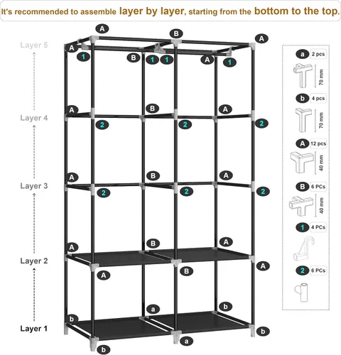 Vista 7 de MOGELAFOO Armario Closet Portátil para Habitación Pequeña, Organizador de Ropa de 35 Pulgadas con Estante de Almacenamiento con 2 Varillas