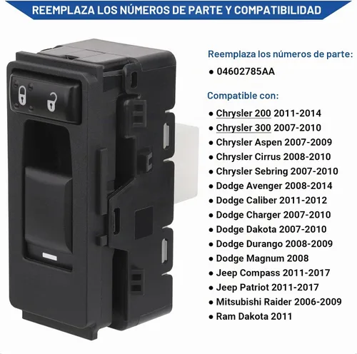 Vista 2 de Obaee Interruptor de ventana lateral del lado del pasajero Compatible con 2006-2017 Chrysler 200/300/Aspen/Cirrus/Sebring, Dodge
