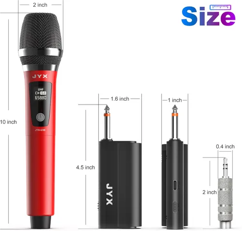 Vista 7 de JYX Micrófonos inalámbricos, micrófono dinámico de mano UHF dual con receptor, salida de 0.250 in, adaptador de 0.138 in, rango de 160 pies