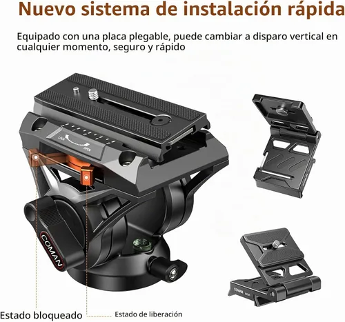 Vista 4 de Trípode con cabeza fluida para videocámara DSLR, monopié trípode de cámara con panorámica de 360° y +90°/-70° de inclinación, nueva cabeza fluida Q6